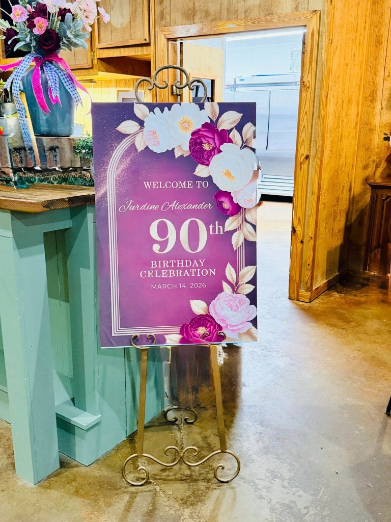 Welcome to Juradine Alexander 90th Birthday Celebration sign