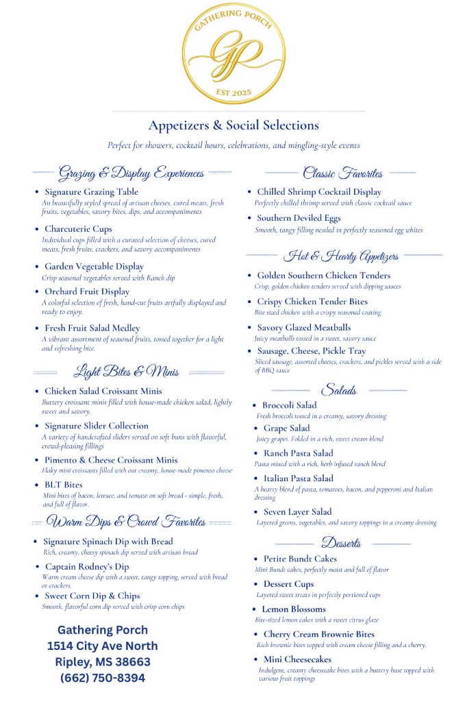 The Gathering Porch Catering Menu — Grazing Displays, Light Bites, Warm Dips, Hot Appetizers, Salads, and Desserts